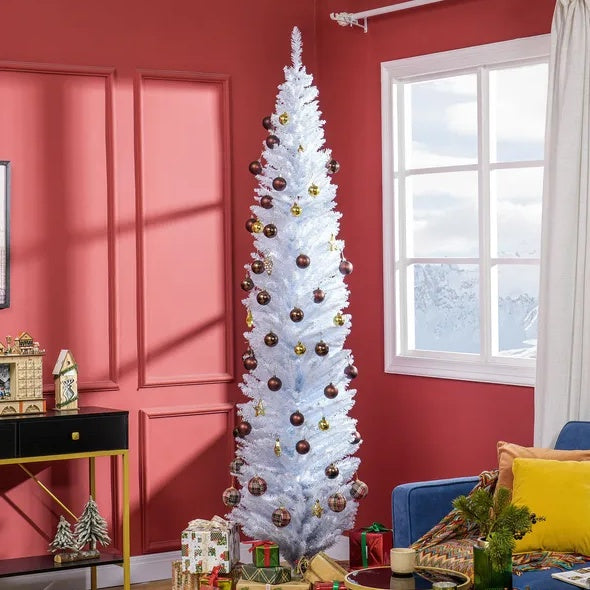 HOMCOM 8' Artificial Pencil Christmas Tree, Slim Xmas Tree With 618 Realistic Branch Tips And Plastic Stand, White