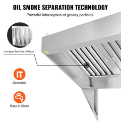 Commercial Exhaust Hood, 4FT Food Truck Hood Exhaust, 201 Stainless Steel Concession Trailer Hood With 2 Detachable U-shaped Grid Oil Filter Mesh, Rust Resistant Vent Hood For Kitchen Restaurant