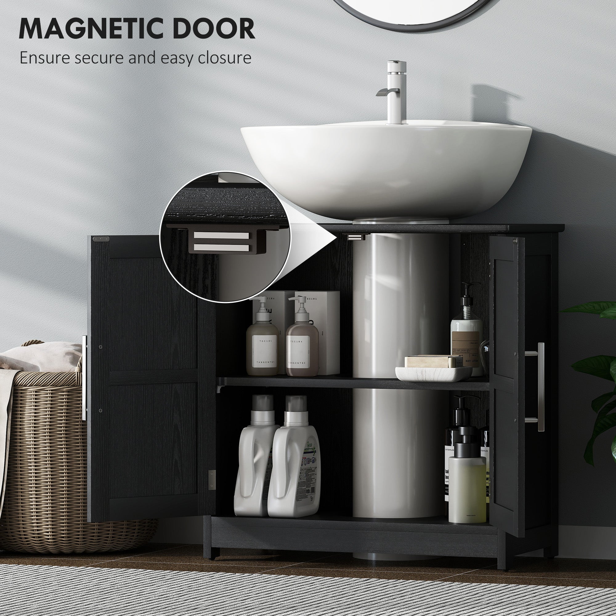 Farmhouse Pedestal Sink Storage Cabinet, Bathroom Sink Cabinet with 2 Barn Doors and Adjustable Shelf, Distressed Black