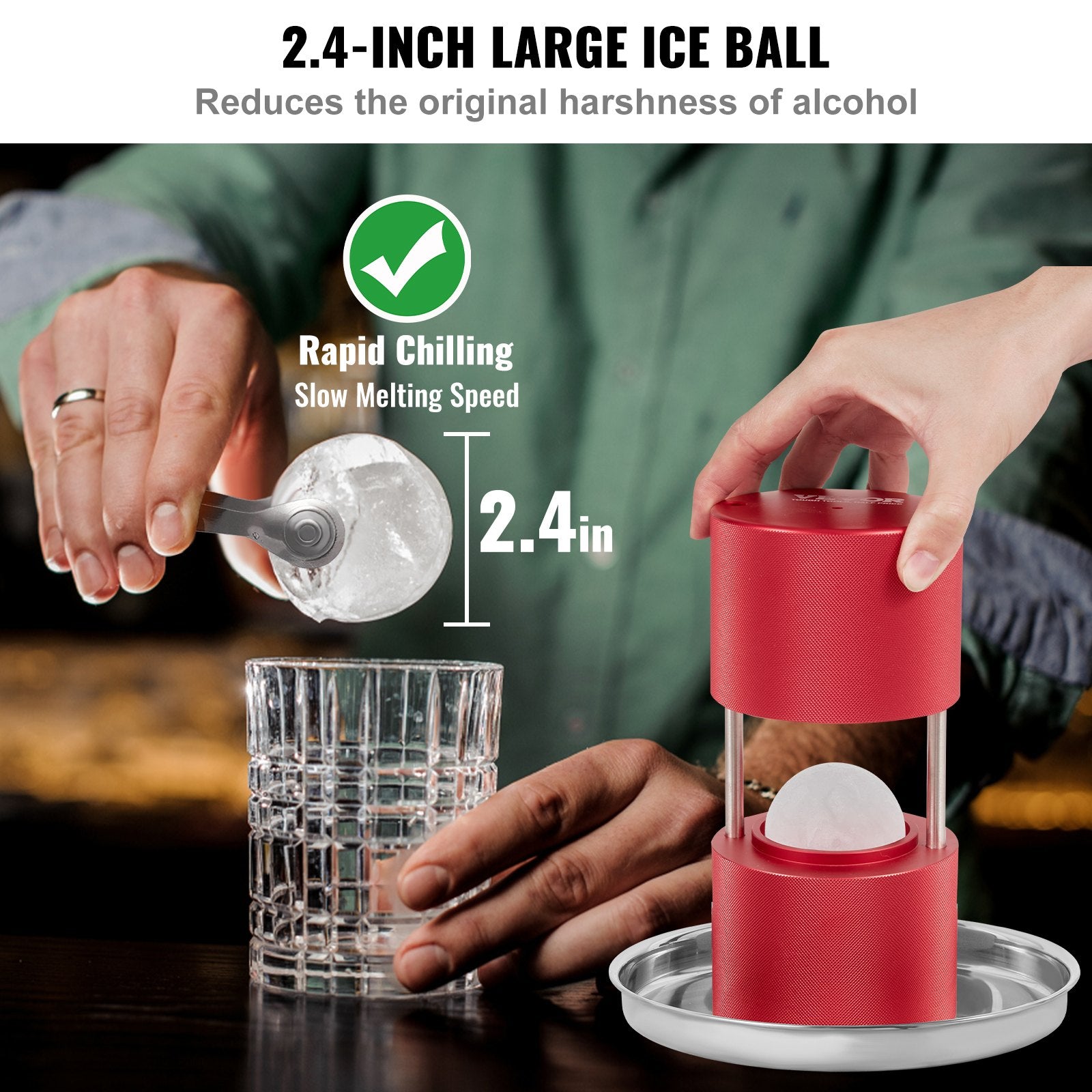 Ice Ball Press, 2.4' Ice Ball Maker, Aircraft Al Alloy Ice Ball Press Kit For 60mm Ice Sphere, Ice Press With Tong And Drip Tray, For Whiskey, Cocktail, Bourbon, Scot On Party & Holiday, Red