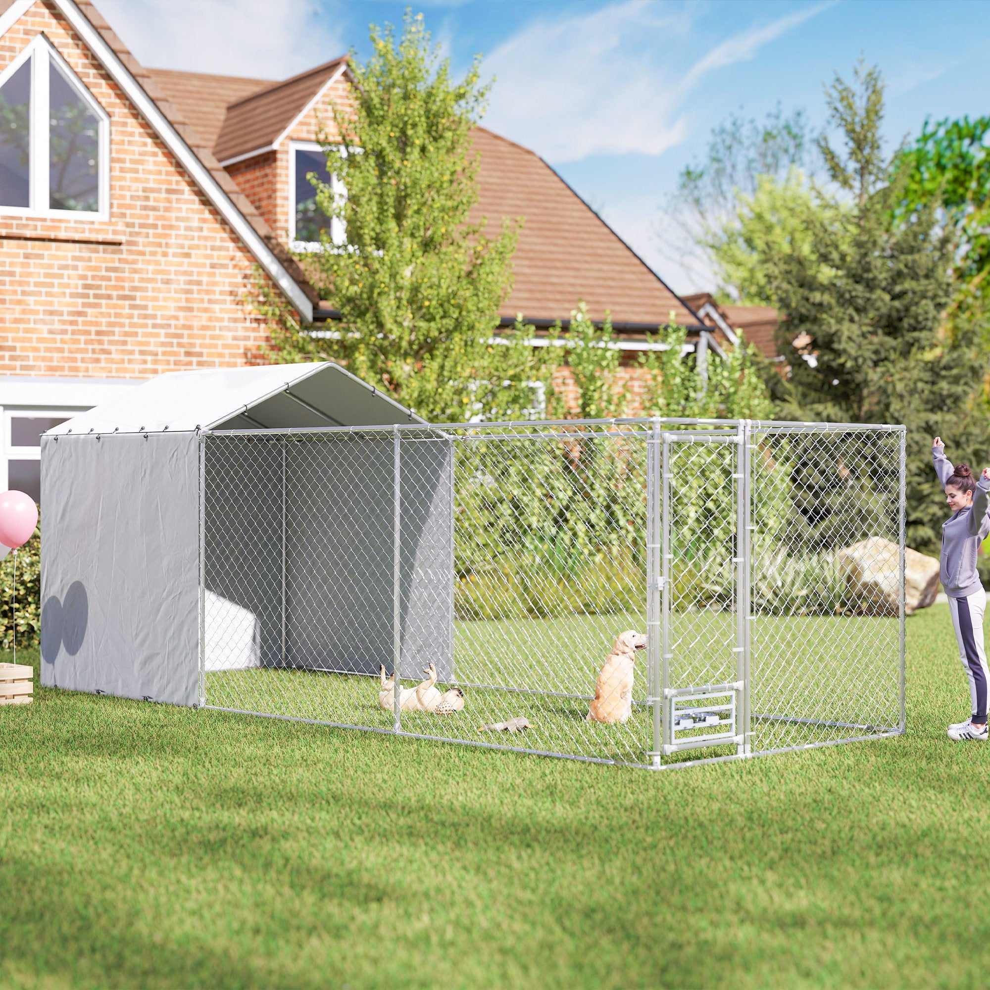Galvanized Chain Link Large Outdoor Dog Kennel with Waterproof & UV-Resistant Cover, for M&L Dogs, 19.7' x 7.5' x 7.5'