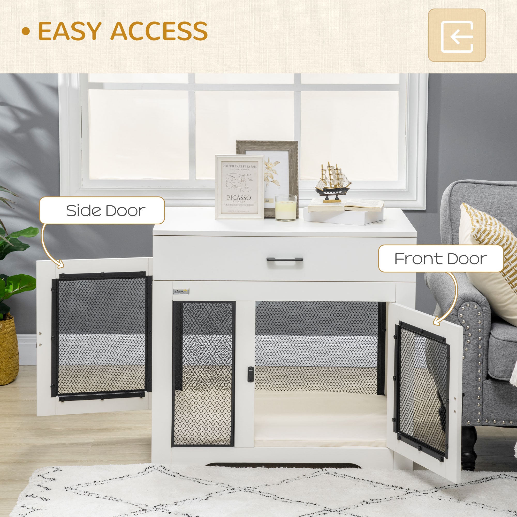 Dog Crate Furniture with Soft Water-Resistant Cushion, Dog Kennel End Table with Drawer, Puppy Crate for Small Dogs Indoor with 2 Doors, White