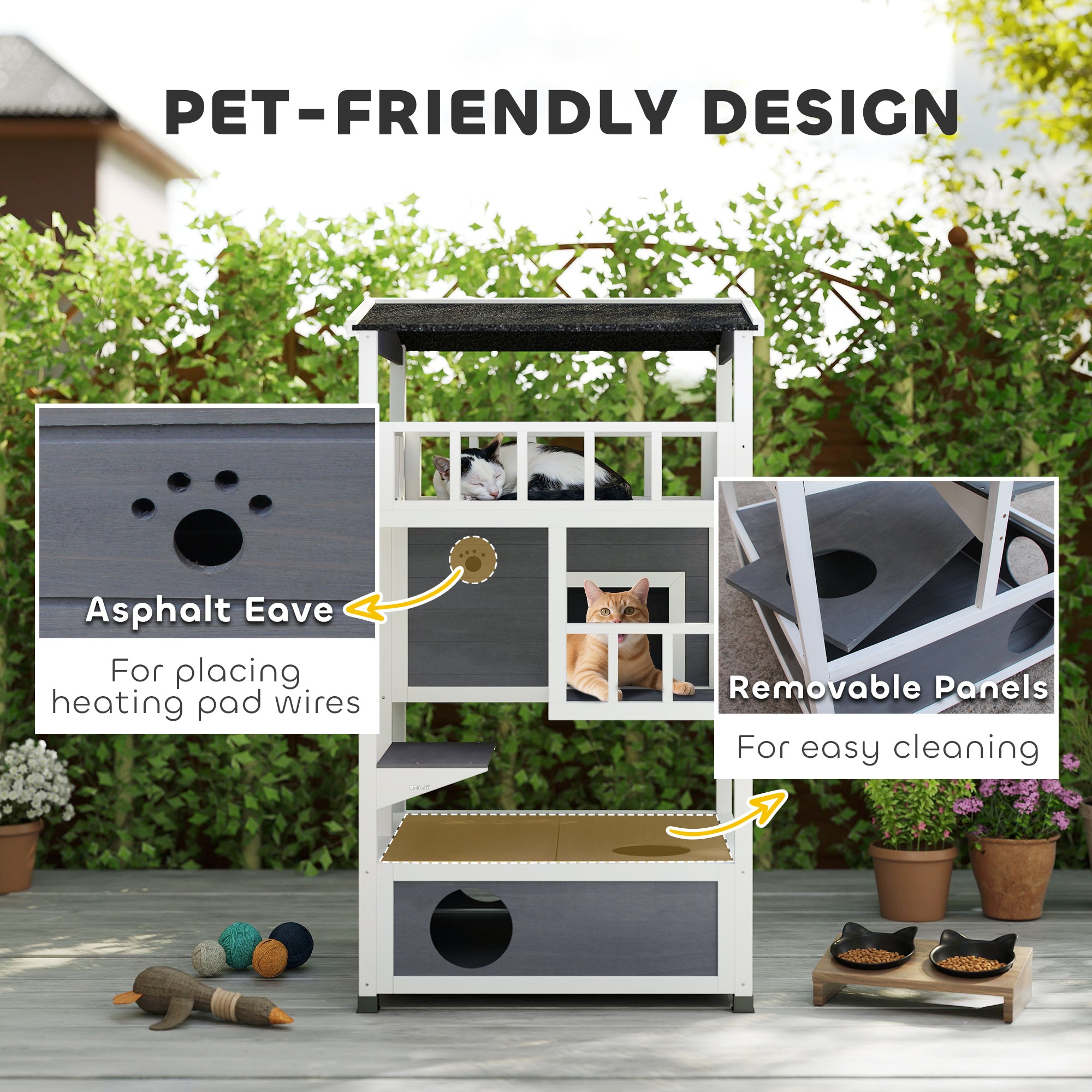 Wooden Outdoor Cat House, Feral Cat Shelter Kitten Condo with Asphalt Roof, Escape Doors, Condo, Jumping Platform, Gray