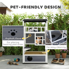 Wooden Outdoor Cat House, Feral Cat Shelter Kitten Condo with Asphalt Roof, Escape Doors, Condo, Jumping Platform, Gray