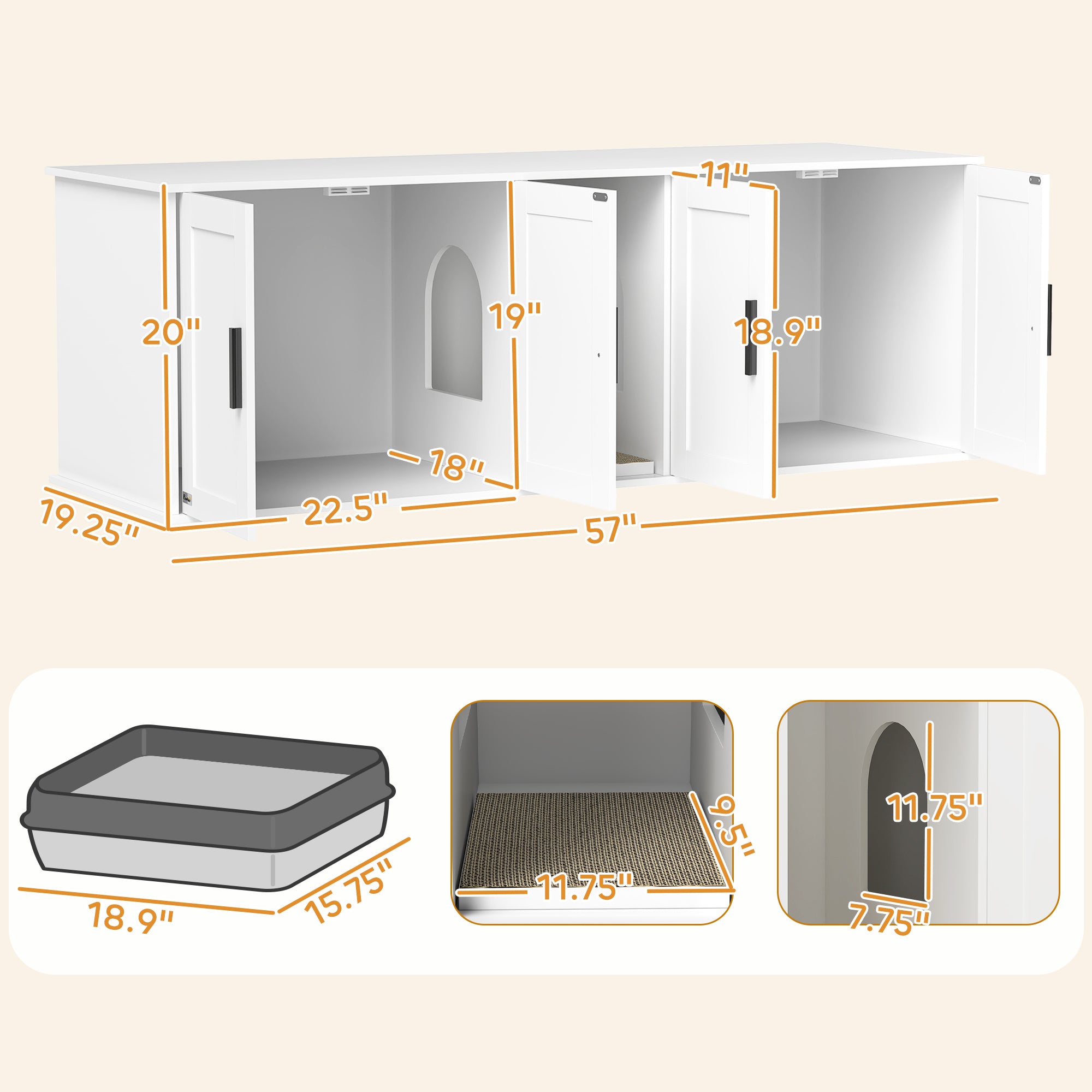 Cat Litter Box Enclosure With Double Room, Scratching Mat For 2 Cats, 57 X 19 X 20, White