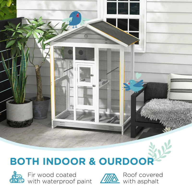 Wooden Bird Cage Aviary, Flight Cage With 4 Perches, Nest And Slide-Out Tray For Indoor Outdoor, Gray