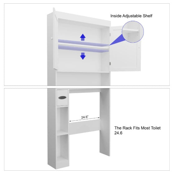 Over The Toilet Storage Cabinet With 2 Door  Home Space Saving Toilet Rack, Farmhouse Style For Bathroom, Restroom, Laundry