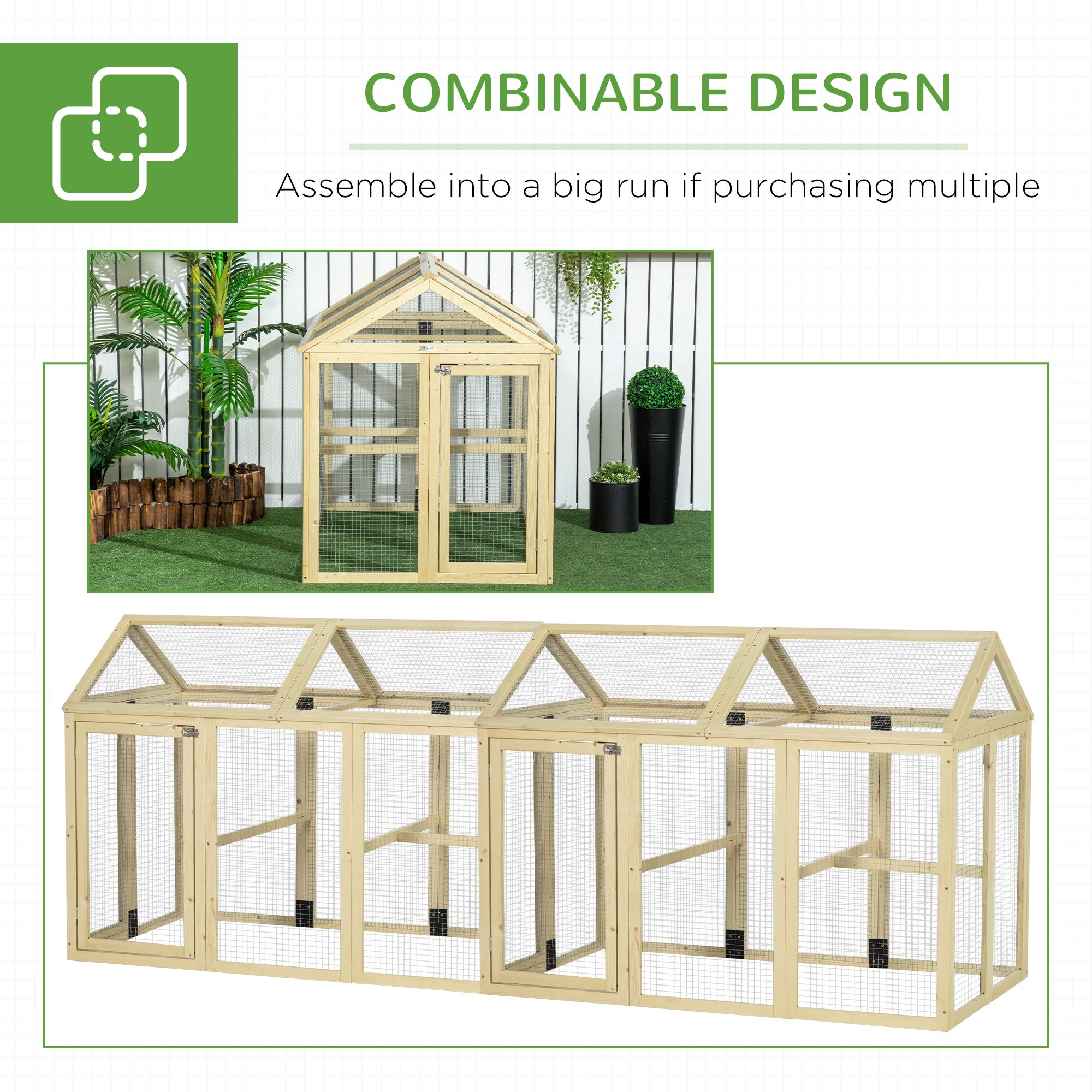 Wooden Chicken Run, Combinable Design with Perches, 4.6' x 2.8', Nature Wood
