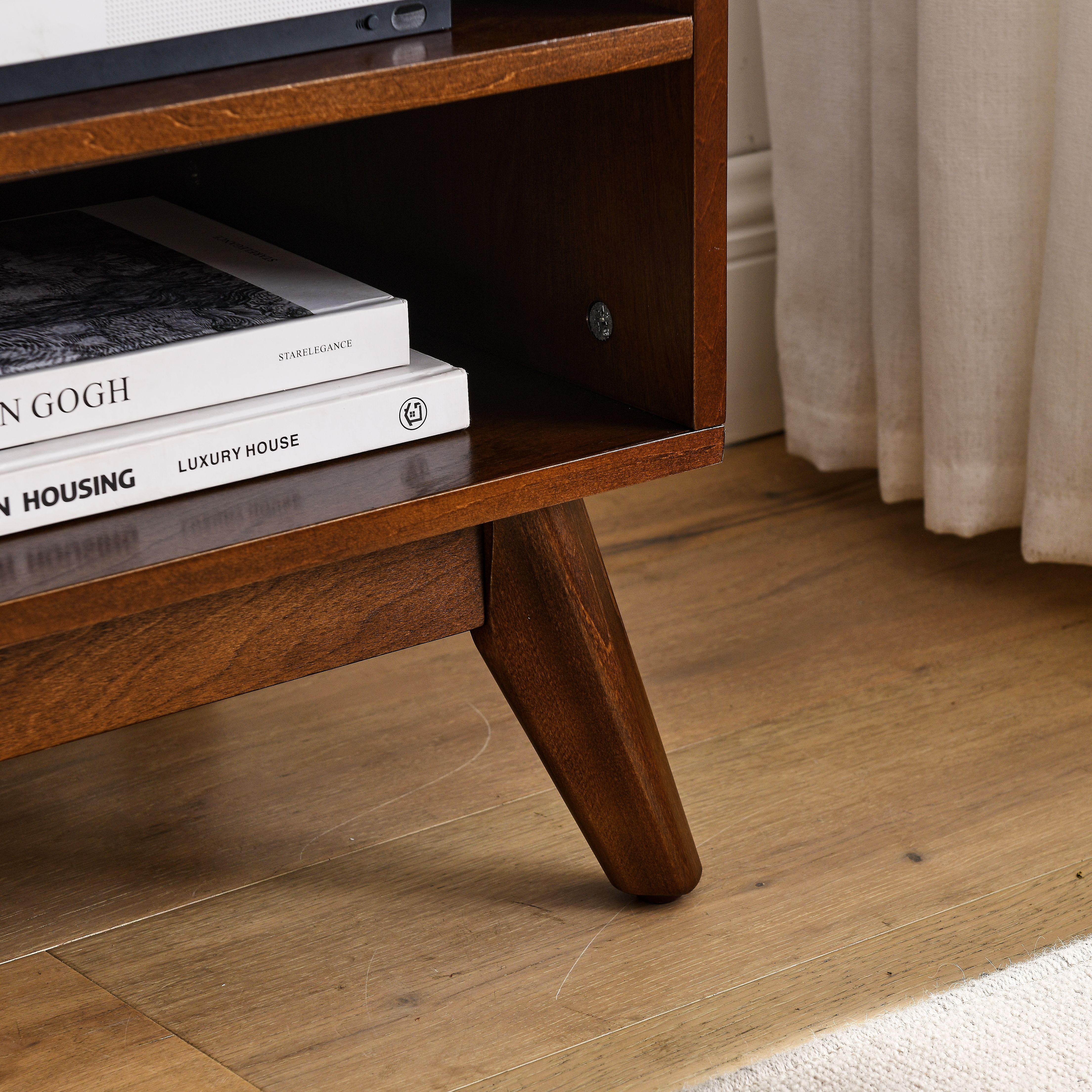 59 Inch Mid Century Modern Rattan TV Stand For 65 Inch TV, Entertainment Cabinet, Media Console For Living Room Media Room, Solid Wood Feet & Rattan Cabinet Doors - Dark Wood