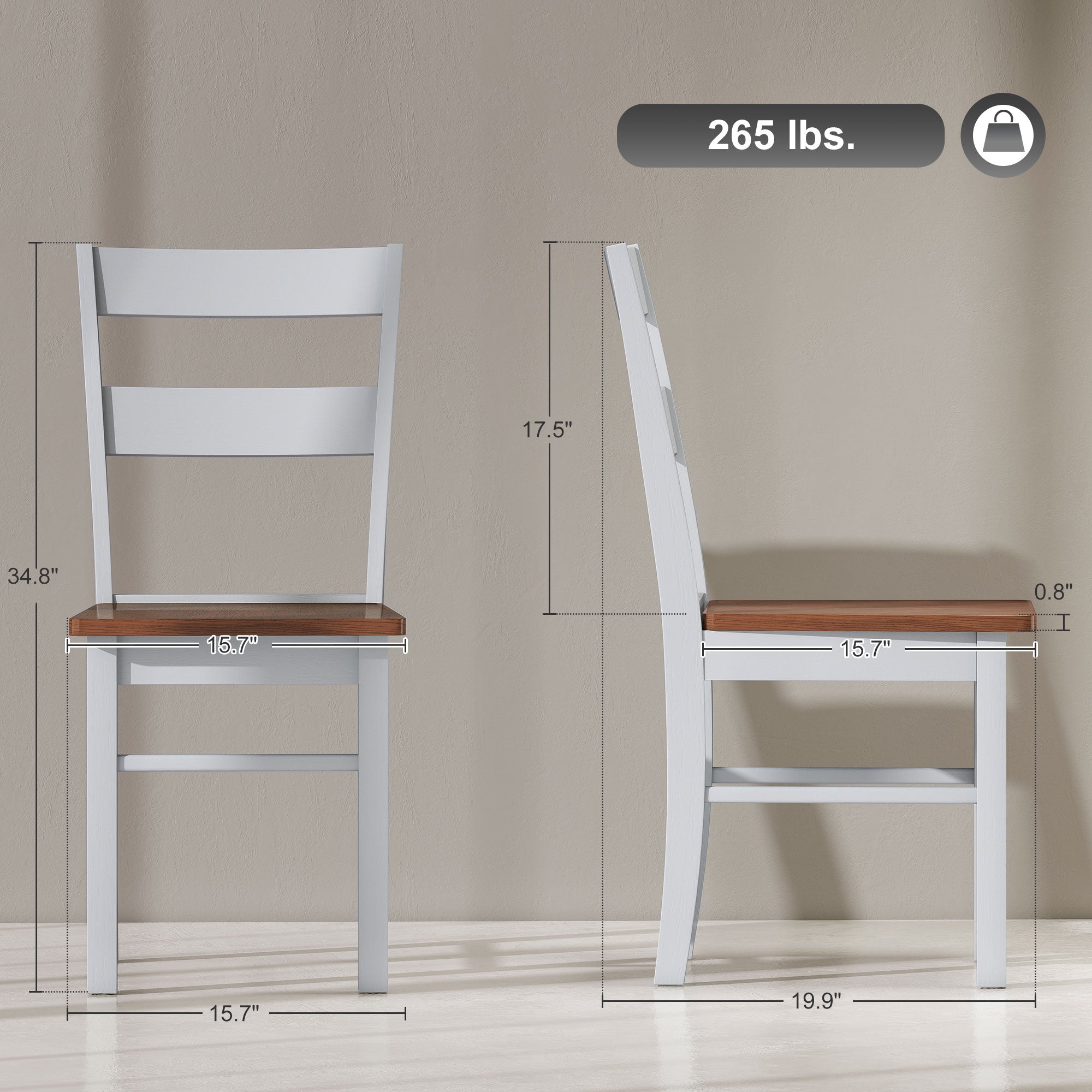 Farmhouse Dining Table Chairs, Set of 2 Rubber Wood Kitchen Table Chairs with Open Back for Living Room, Light Gray