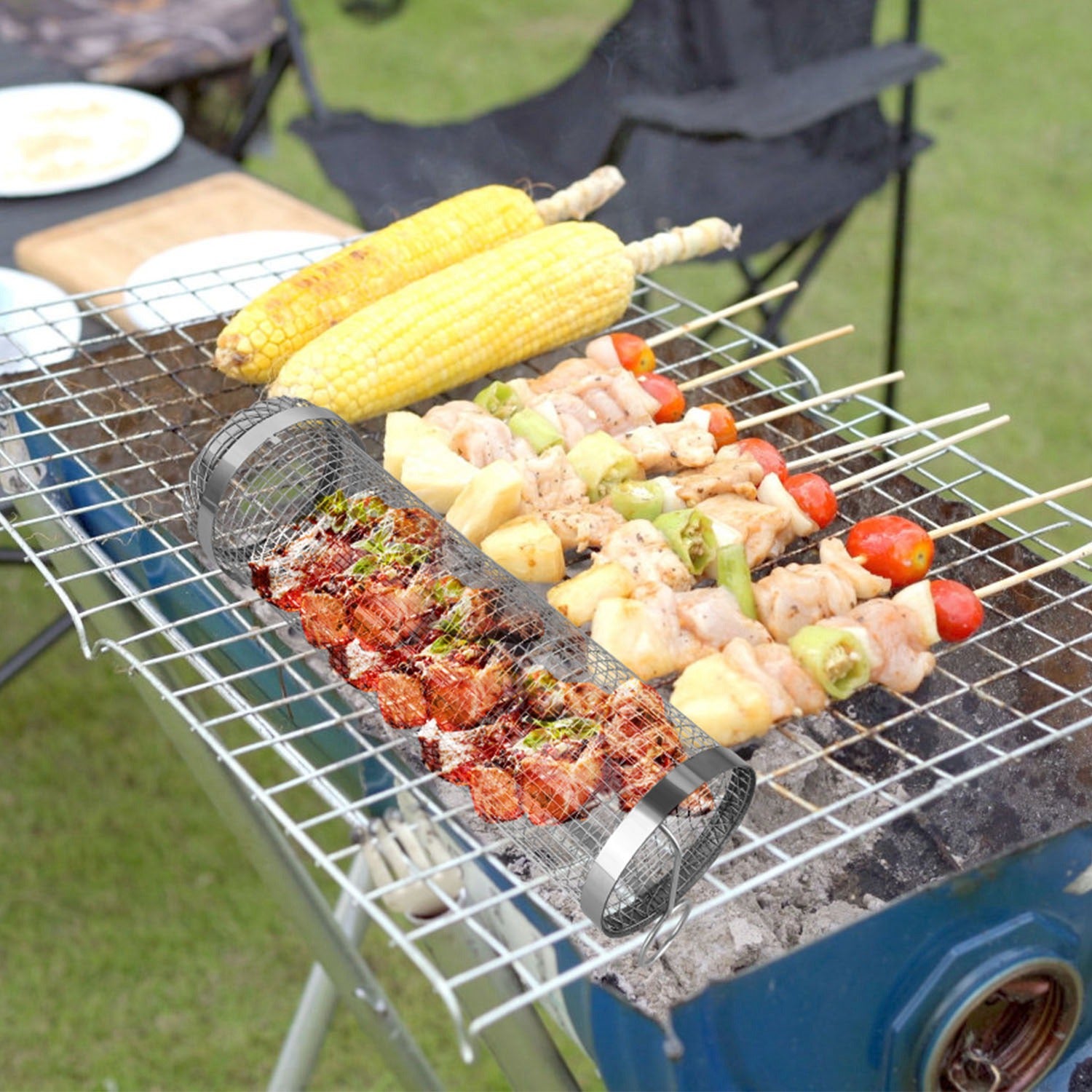 2Pcs 3.42x11.61Inch Portable BBQ Rolling Basket Round Stainless Steel Grill Mesh Barbecue Net Tube With Removable Cover Outdoor Camping