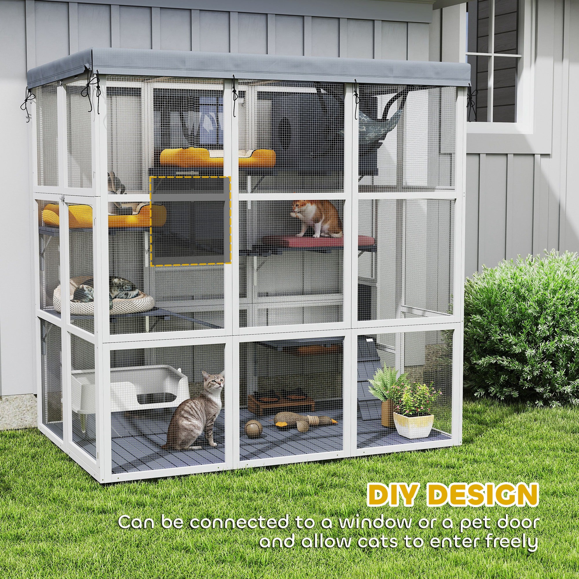 Large Outdoor Catio Cat Enclosure with Hammock, Condo, Jump Platforms, Ladders, Ramps, Tarp, for 2-4 Large Cats, Gray
