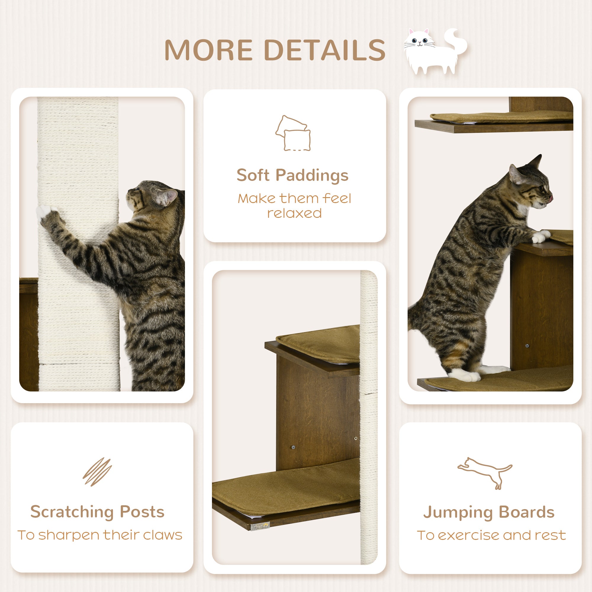 Wall-Mounted Cat Tree, 4-Layer Cat Wall Shelves Furniture with Scratching Board, Kitten Activity Center with Cushions, Natural