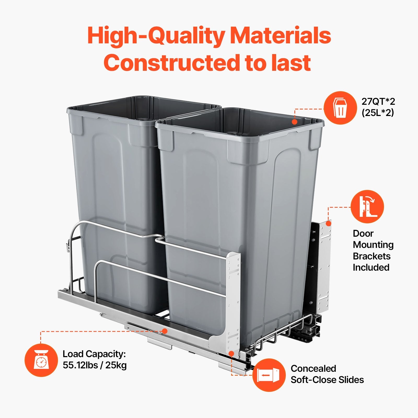 Double Pullout Waste Container Kitchen Trash Can With Soft Close Grey 27QTx2