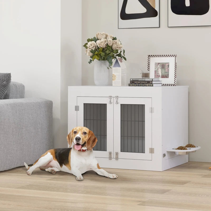 PawHut Dog Crate Furniture With 360 Rotatable Removable Dog Bowls, Dog Kennel Furniture For Medium Dogs, White