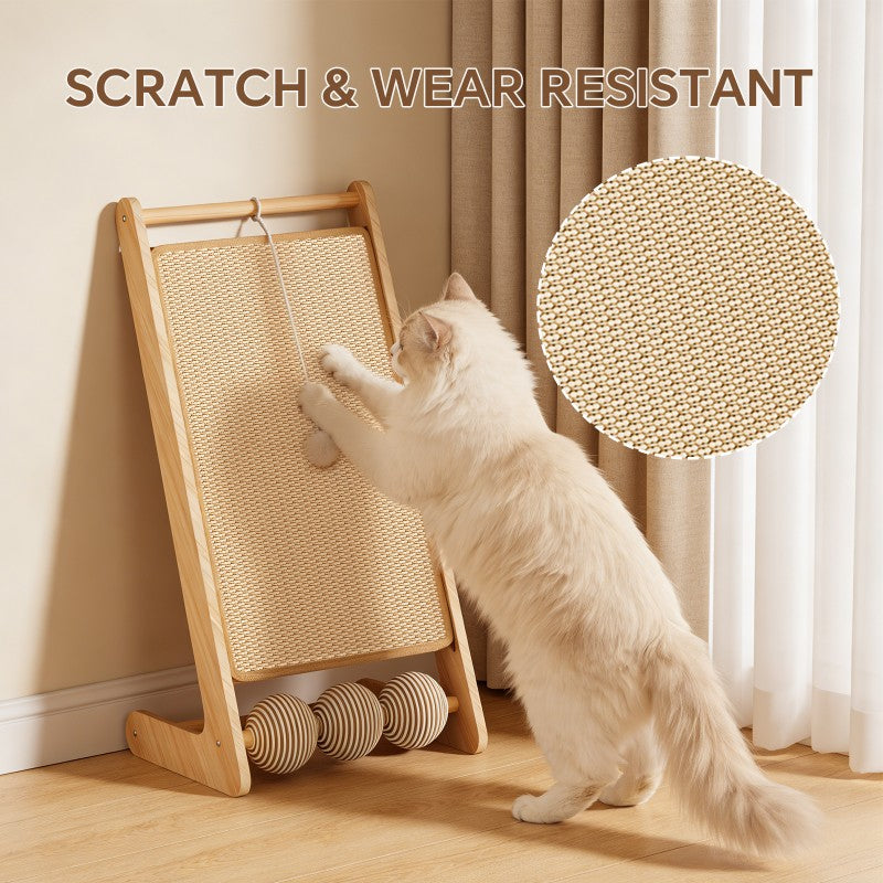 Large Vertical Sisal Cat Scratcher With Balls, Wooden Frame -Sisal Scratching Surface, Hanging Teaser Ball-Sisal Balls, Cat Claw Care & Play Toy