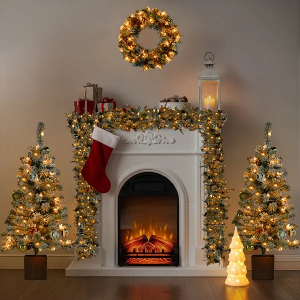 Pre-lit Holiday Christmas 4-Piece Set, Christmas Garland, Wreath And Set Of 2 Entrance Trees With Warm White LED Lights And Remote Control, Artificial Christmas Tree Celebrating Set, Snowy Green