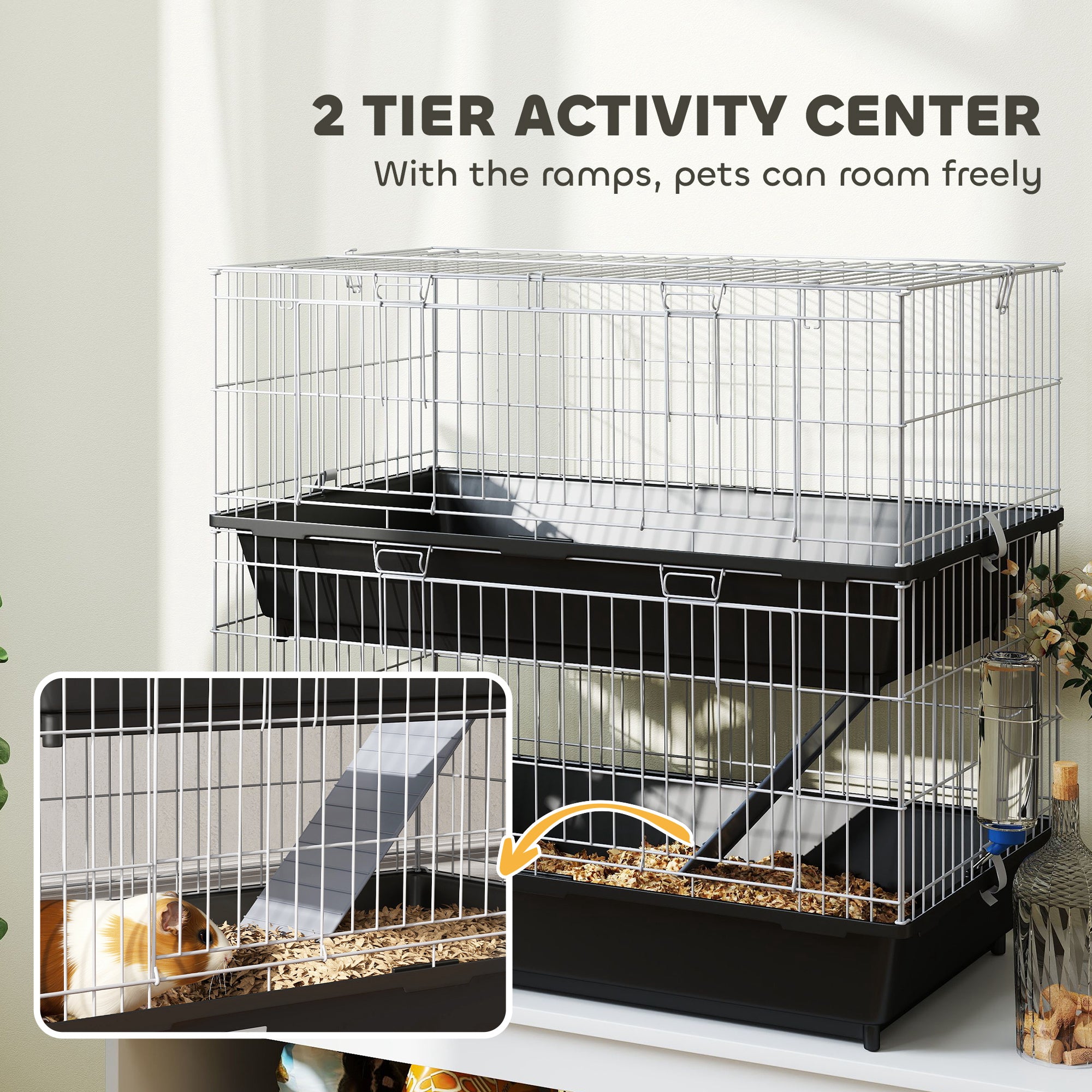 2-Tier Small Animal Cage with 2 Doors, Trays, Dish, Bottle, and Ramp for Bunny, Ferret, Chinchilla, Black