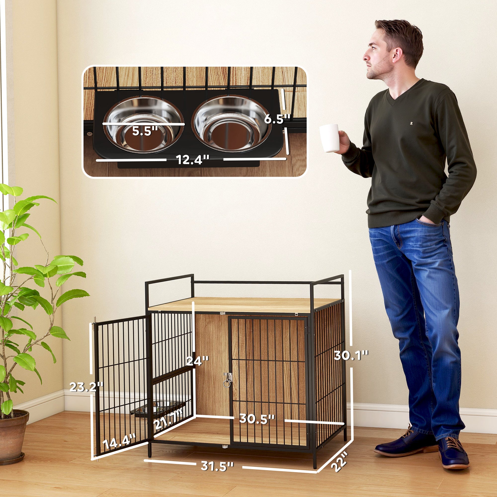 30 Inch Dog Crate Furniture, Indoor Pet Kennel Side Table with Rotatable Bowls, 2 Anti-Escape Doors, for M Dogs, Oak