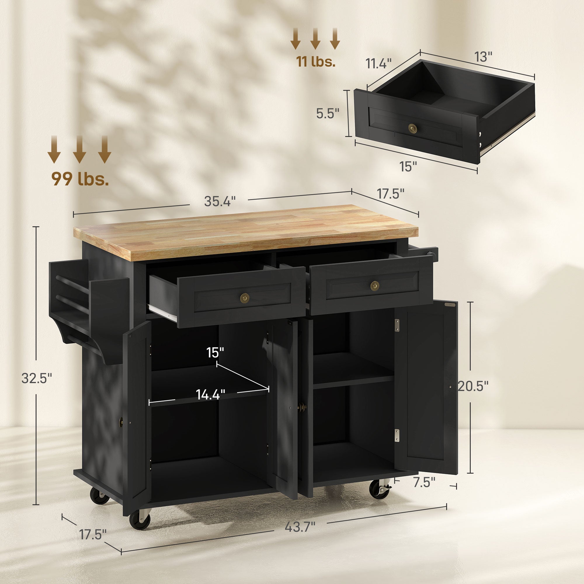 Kitchen Island Cart with Rubber Wood Top, Rolling Kitchen Island Table on Wheels with Drawers, Adjustable Shelves, Spice Rack and Towel Rack for Dining Room, Black