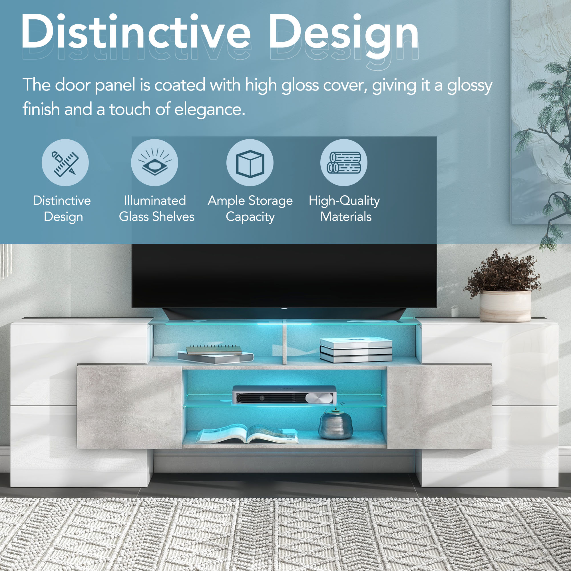 ON-TREND Unique Shape TV Stand With 2 Illuminated Glass Shelves, High Gloss Entertainment Center For TVs Up To 88, Versatile TV Cabinet With LED Color Changing Lights For Living Room, Grey
