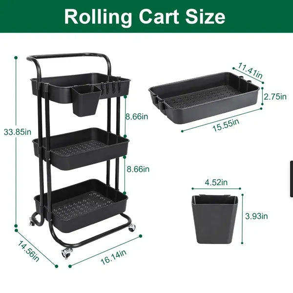 3 Tier Rolling Utility Cart Movable Storage Organizer With Mesh Baskets Lockable Wheels 360 Degree Rotatable Hanging Box Hooks Bedroom Bathroom Kitchen