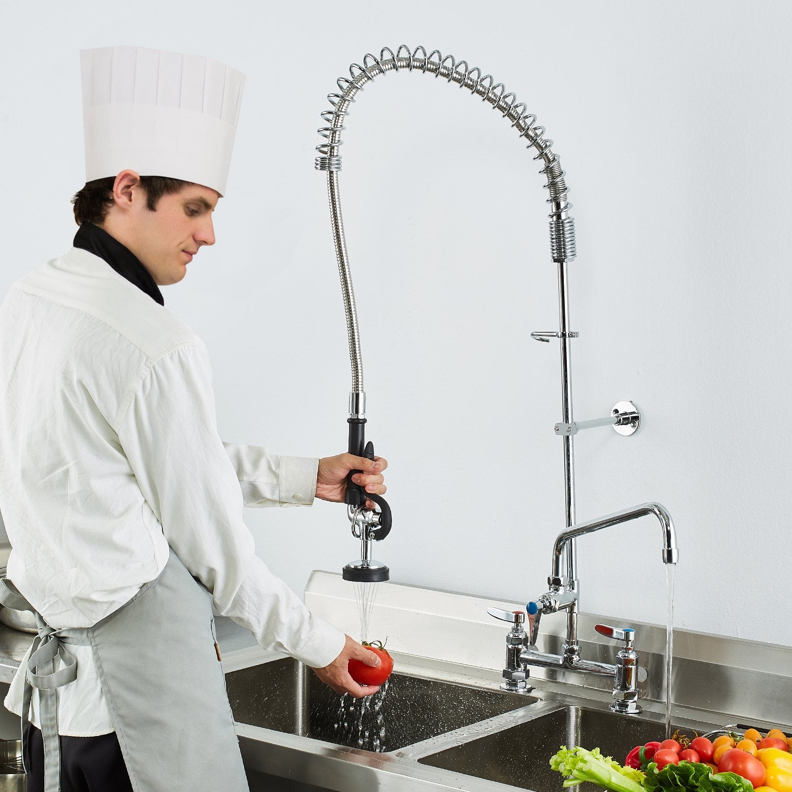 Commercial Faucet With Pre-Rinse Sprayer, 44' Height, 8' Center, 12' Swing Spout, Deck Mount Kitchen Sink Faucet, Brass Constructed Device With Pull Down Spray, For 1/2/3 Compartment Sink