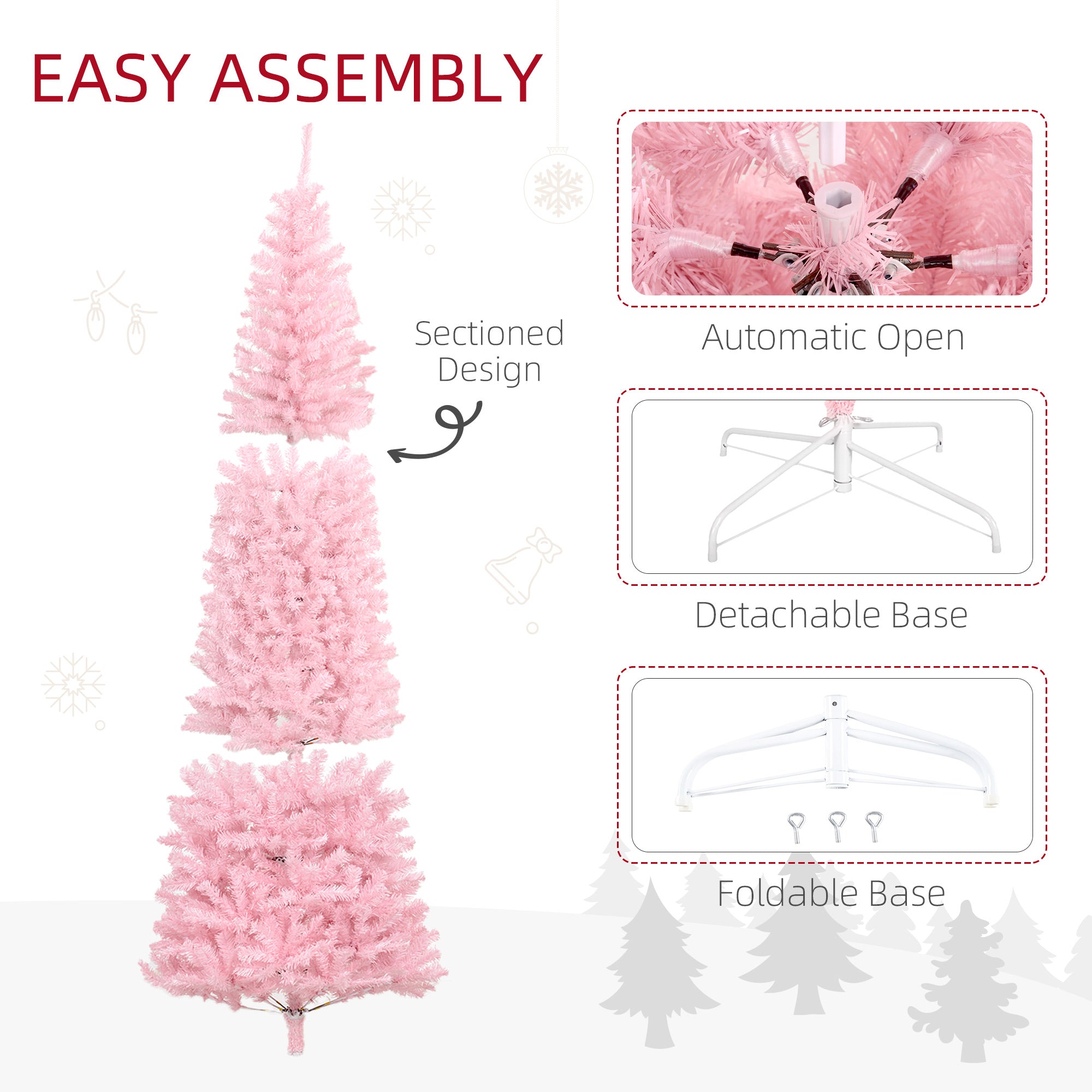 HOMCOM 8' Tall Unlit Slim Douglas Fir Artificial Christmas Tree With 1168 Realistic Branch Tips, Pink