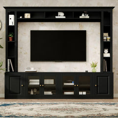 4-Piece Modern Entertainment Center Wall Unit With Bookshelves, All-in-1 Large TV Stand With Tempered Glass Door For TVs Up To 80, 92inch Media Console With Adjustable Shelves For Living Room, Black