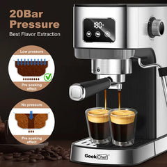 Geek Chef Espresso Machine, Cappuccino & Latte Machine With ESE POD Filter & Milk Frother Steam Wand, Accurate Temperature & Time Control, Compact Coffee Machine For Home,Stainless Steel