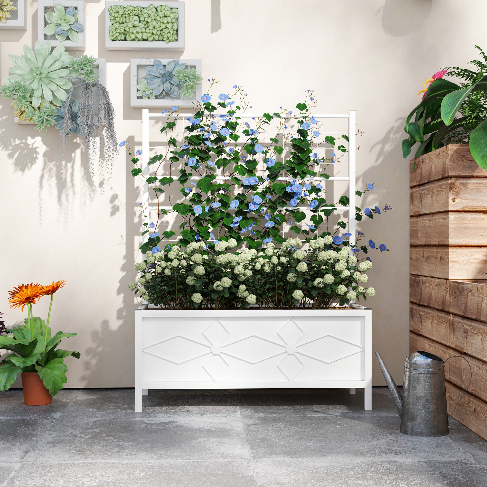 Outdoor Planter Box Galvanized Raised Garden Bed With Trellis For Climbing Vines