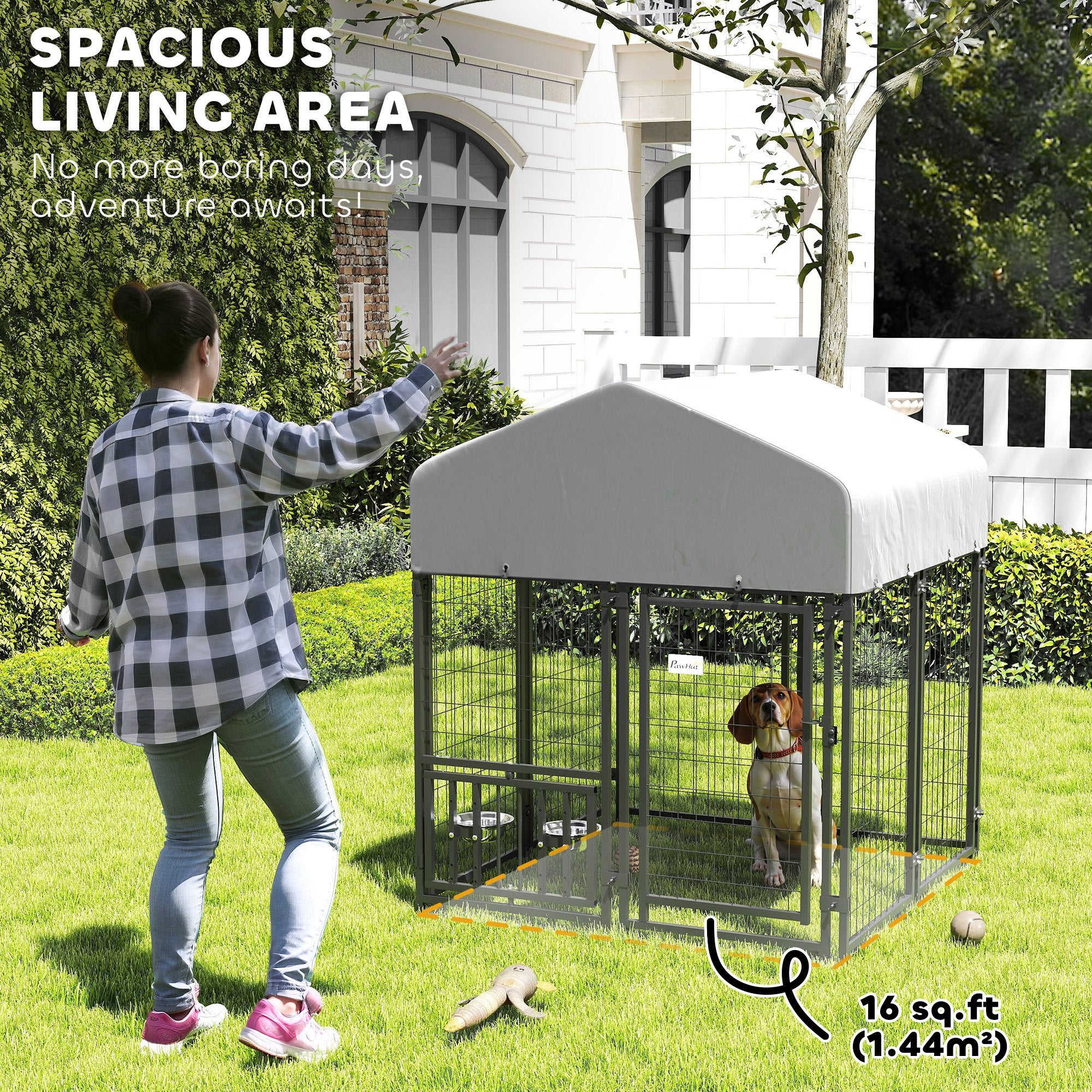 Welded Wire Outdoor Dog Kennel with 360° Rotating & 4 Levels Adjustable Bowls, Waterproof Cover, 3.9' x 3.9' x 4.5'