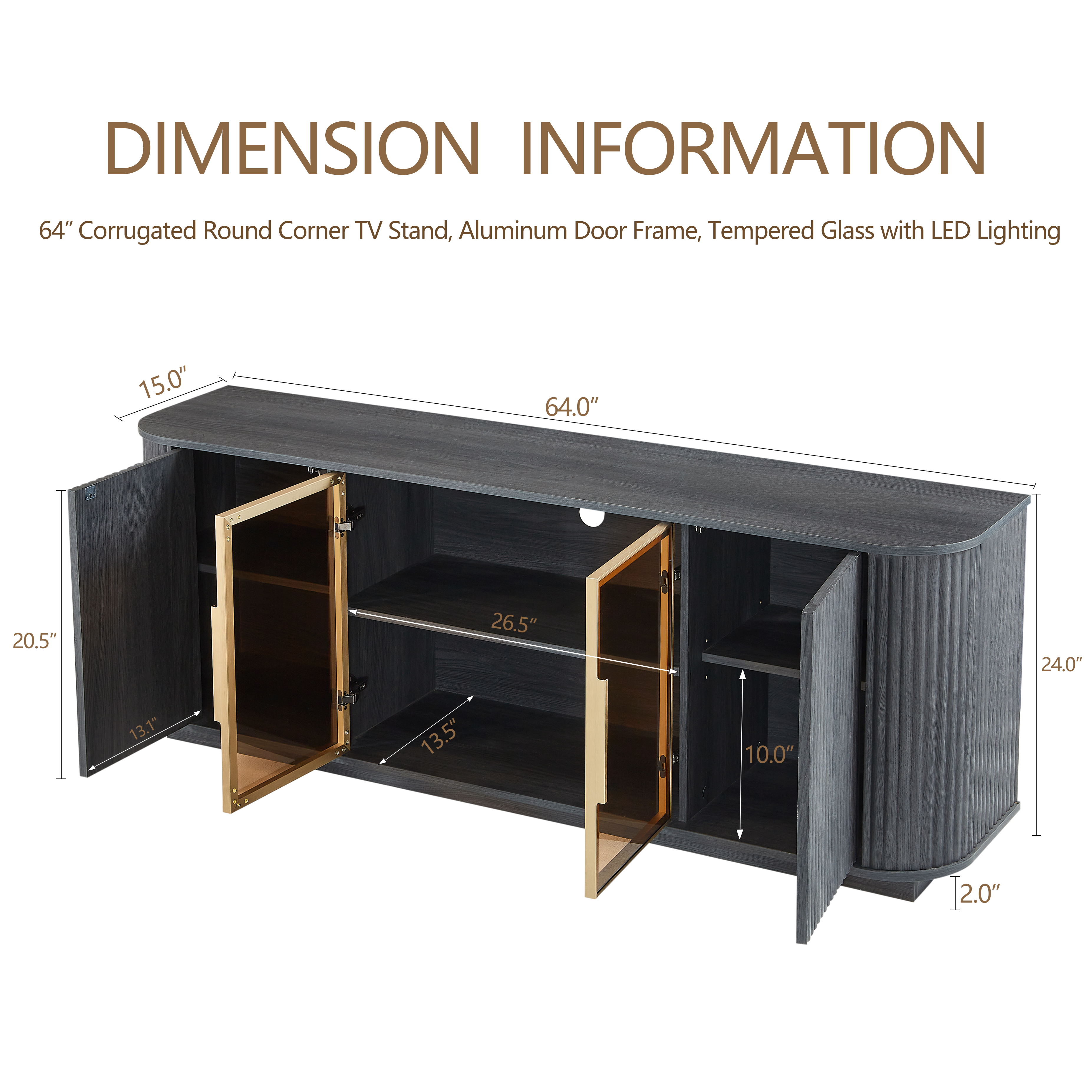 64-Inch Wavy TV Cabinet, Round Sideboard, Wooden Vertical Stripe Storage Cabinet, Aluminum Door Framed Tempered Glass Cabinet For Living Room Bedroom Entryway. Black,64W X 15D X 24H.