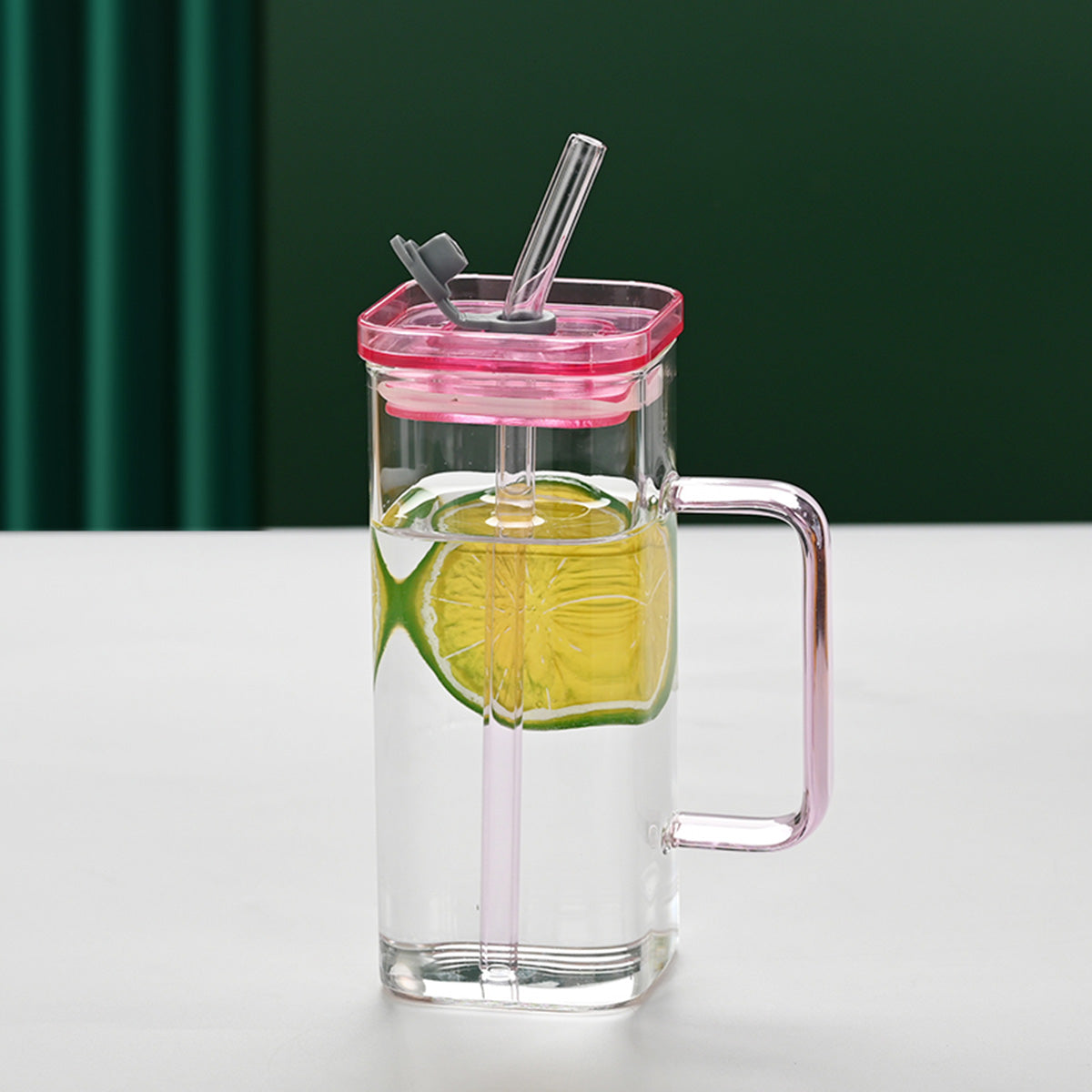 1 Pcs Blue Glass Straw Cup, 6 Colors Square Glass Cup With Straw And Lid, High Borosilicate Glass Cup, Milk Cup, Juice Cup, Cold Drink Cup, Coffee Cup, Tea Cup, Office Cup, Gift Cup