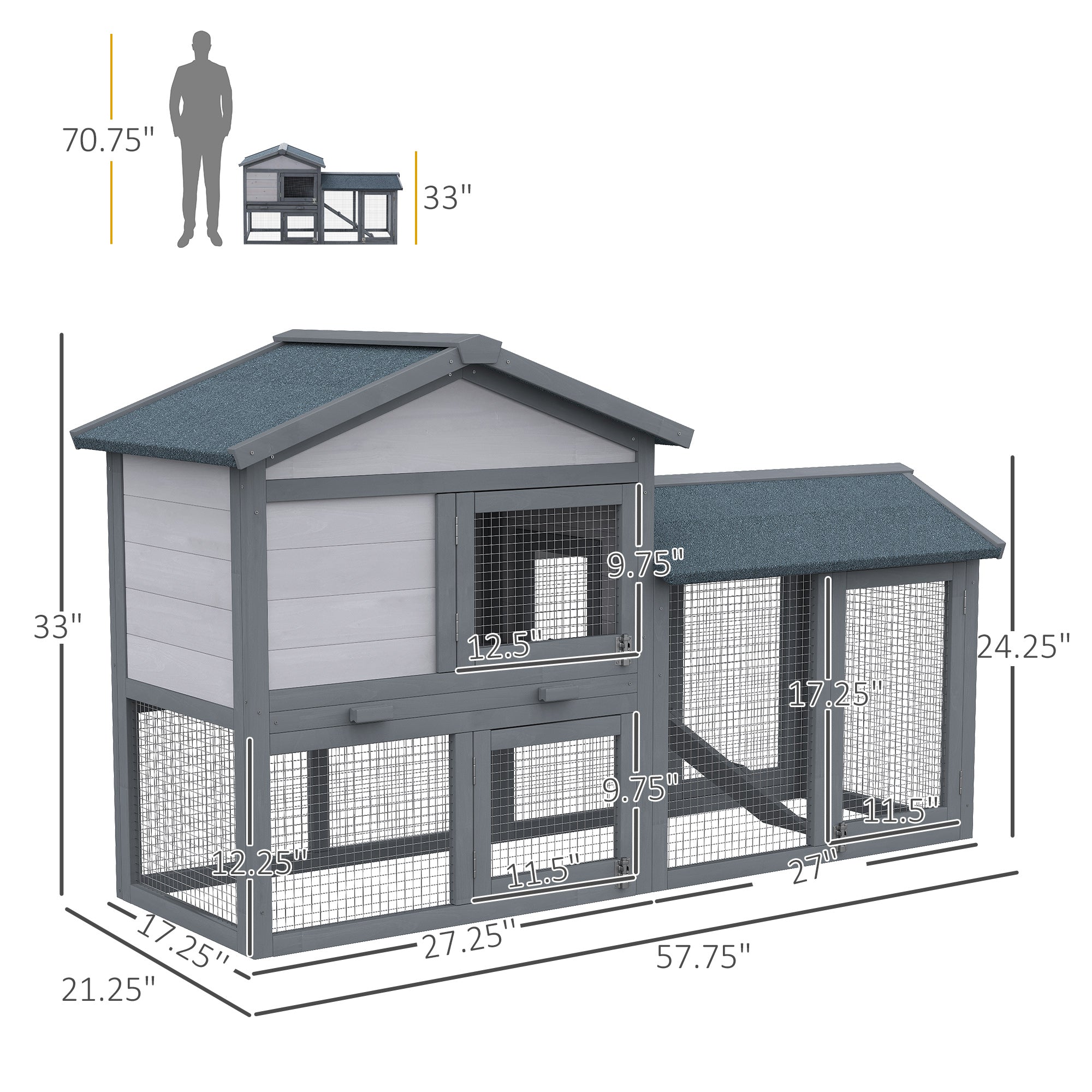 Outdoor Rabbit Hutch Wooden Bunny Cage Guinea Pig House With Run Area Removable Tray Asphalt Roof Lockable Doors Ramp Gray