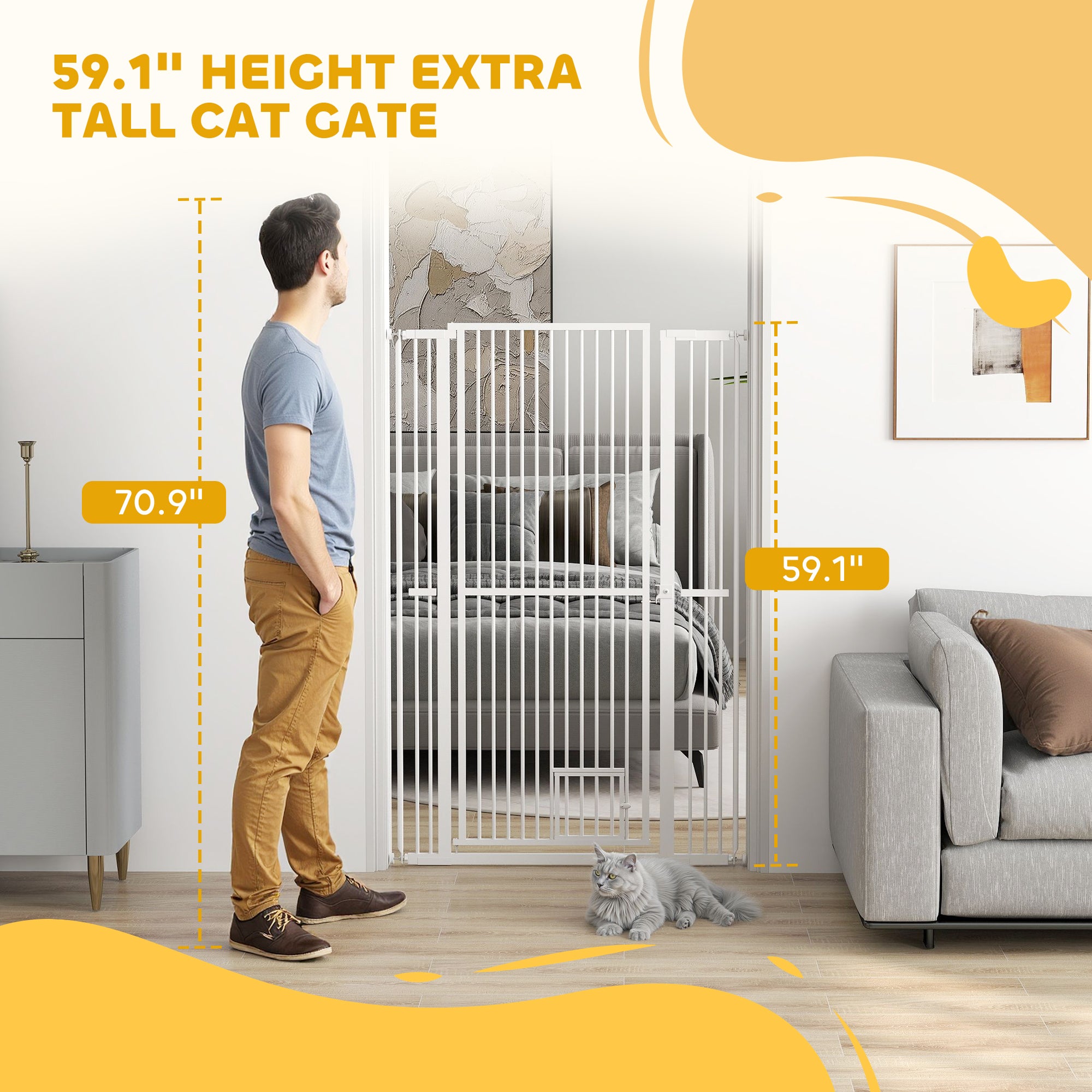 59" Extra Tall Pet Gate, 30"-41" Dog Gate with Cat Door, 1.4" Narrow Gap, 2.8" and 5.5" Extension, for Doorway, Hallway
