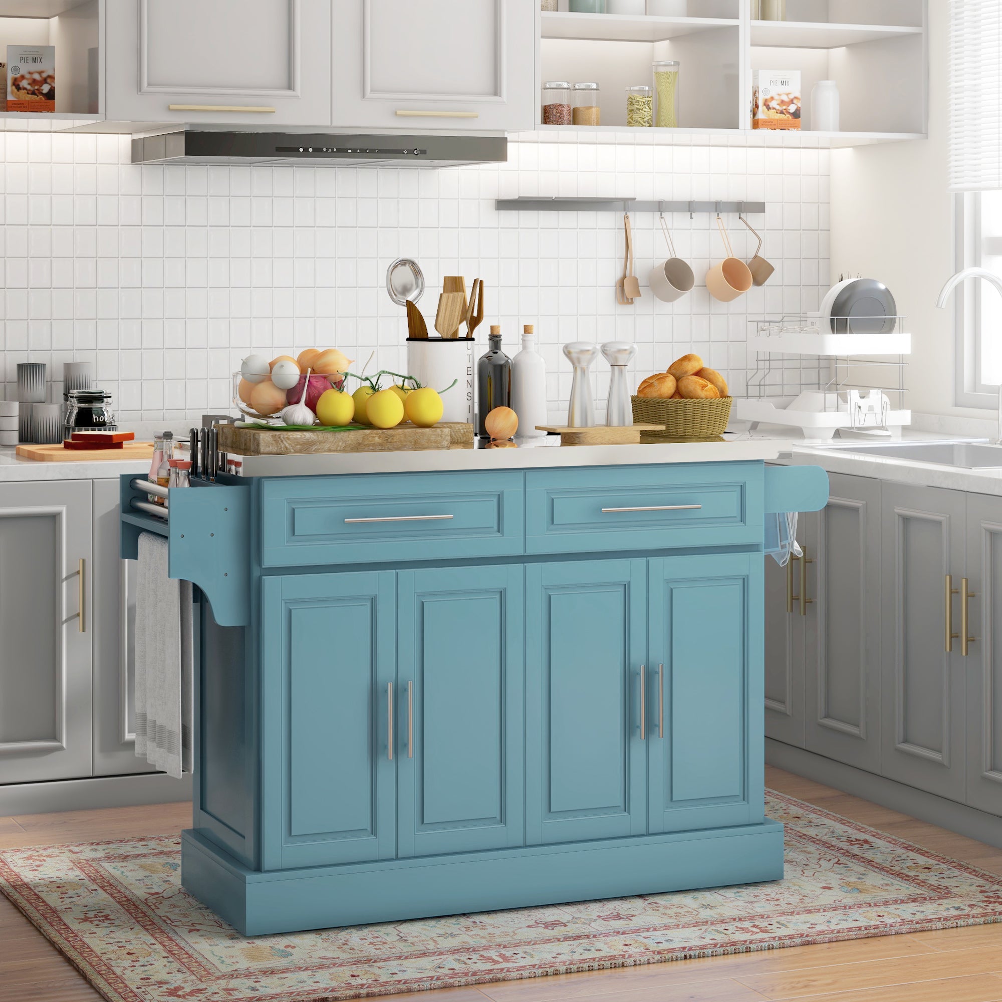 Rolling Kitchen Island with Stainless Steel Top, 2 Drawers, Spice, Knife and Towel Rack and Cabinets, Teal Blue