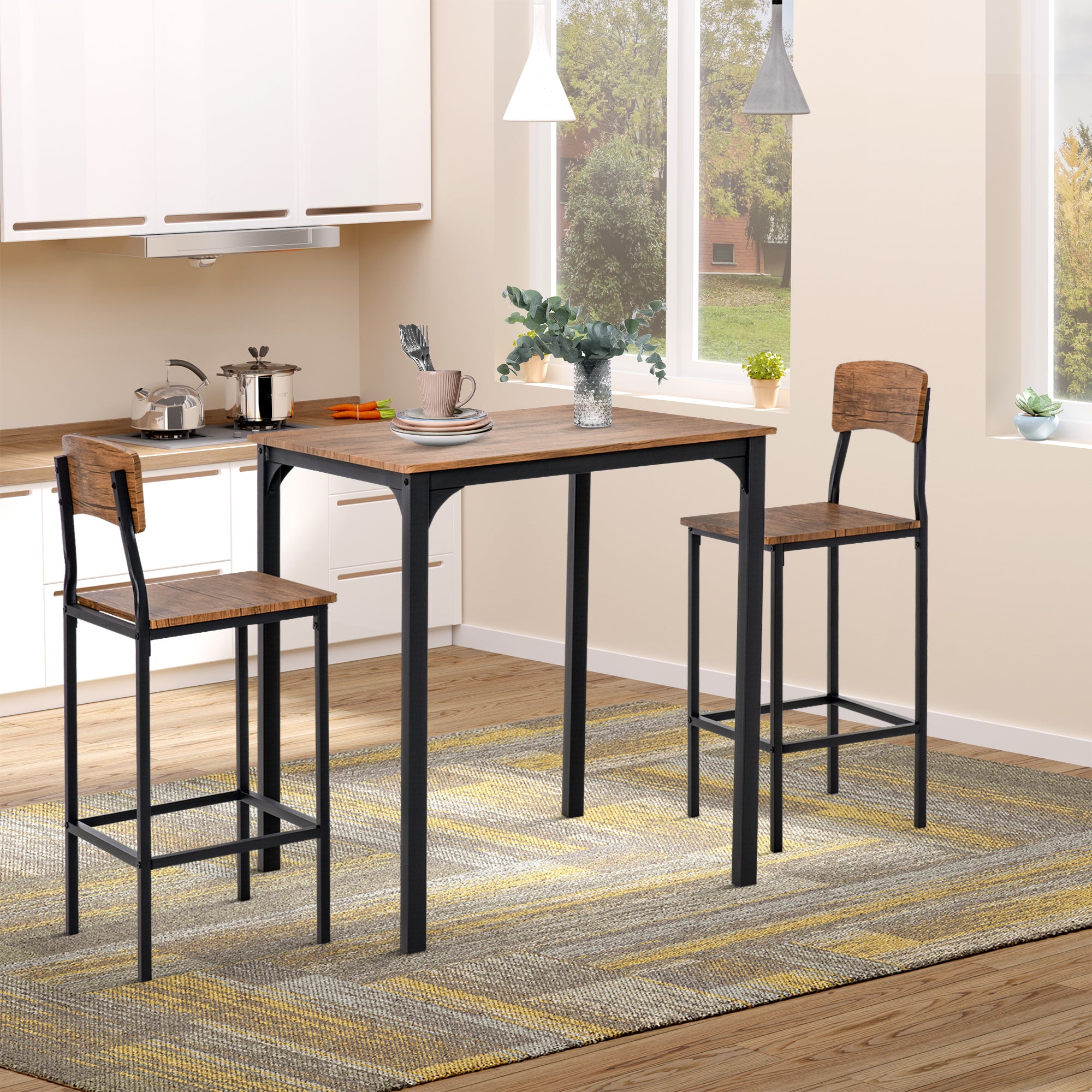 3 Piece Pub Table and Chairs, Small Kitchen Table and Chairs, Square Dining Table with 2 Stools, Walnut and Black