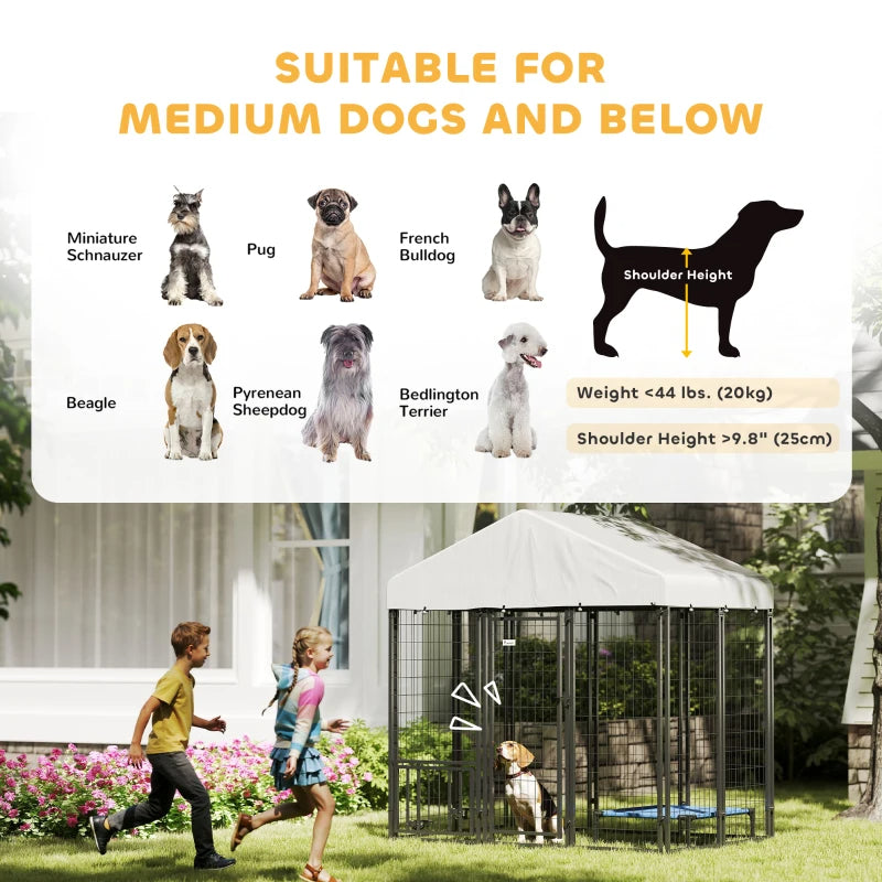 Outdoor Dog Kennel With Roof, Rotating & 4-Level Adjustable Bowls