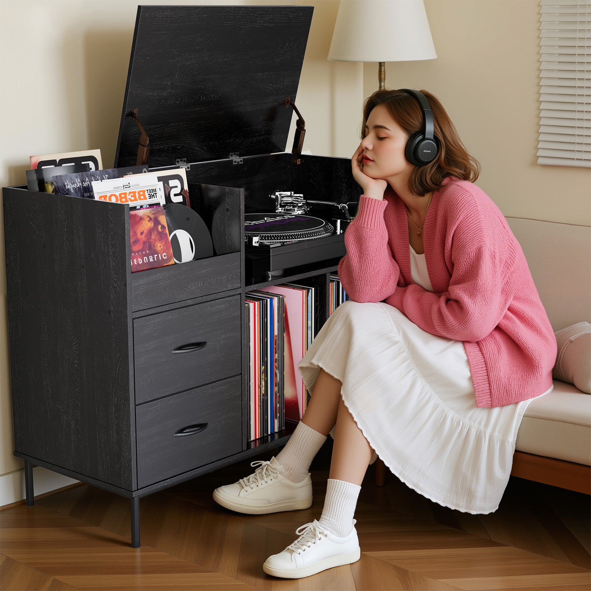 Record Player Stand With Power Outlet  Flip-Down Lid, Turntable Table With Storage For 300 Vinyls, Black Wood Grain Media Console With 2 Drawers, 27.6 With Dust Protection, Some Assembly Required,