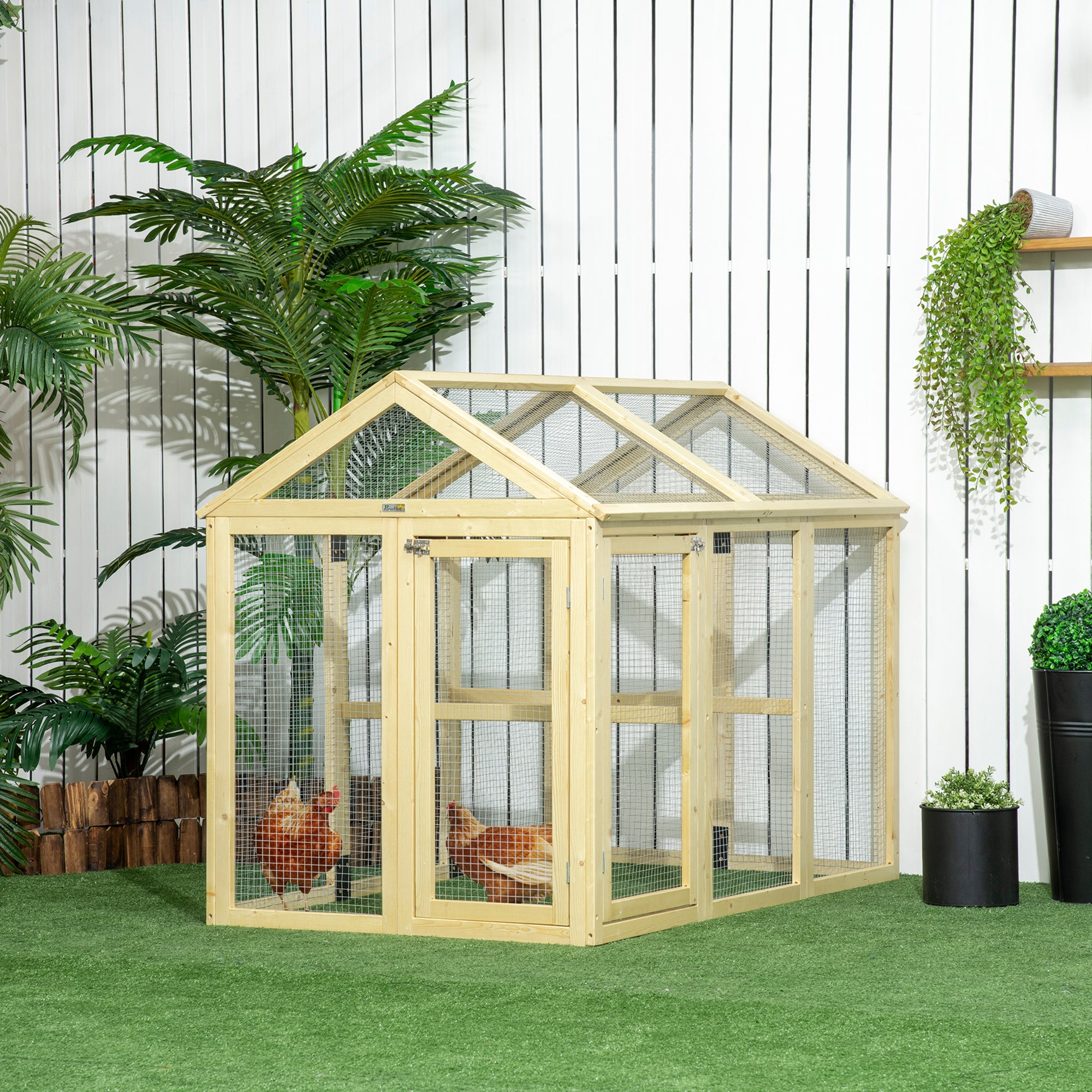 Wooden Chicken Run, Combinable Design with Perches, 4.6' x 2.8', Nature Wood