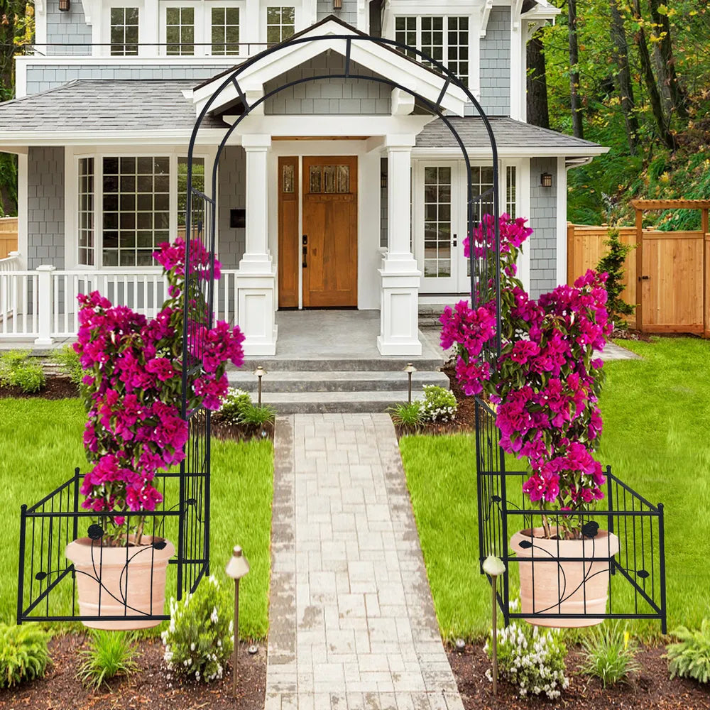 Metal Garden Arch With Two Plant Stands 79.5'' Wide X 86.6'' High Climbing Plants Support Rose Arch Outdoor Black