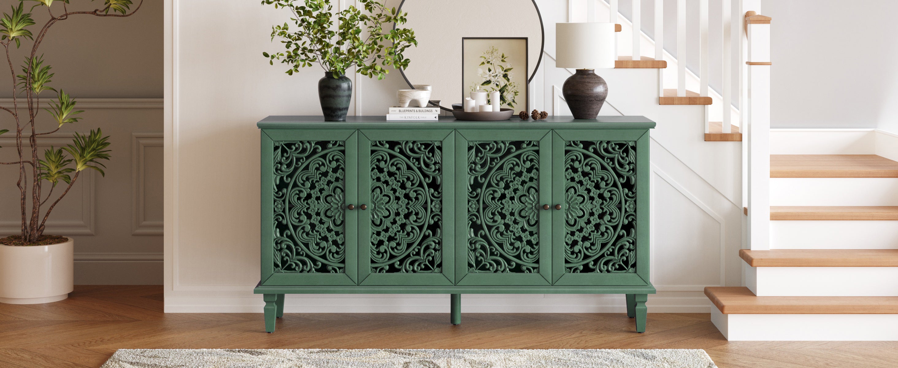 60 Antique Buffet Cabinet With Floral Carvings With Solid Wood Legs Antique Brass Handles Adjustable Shelves, TV Stand For 65  TV, Sideboard For Living Room,Dining Room Antique Green