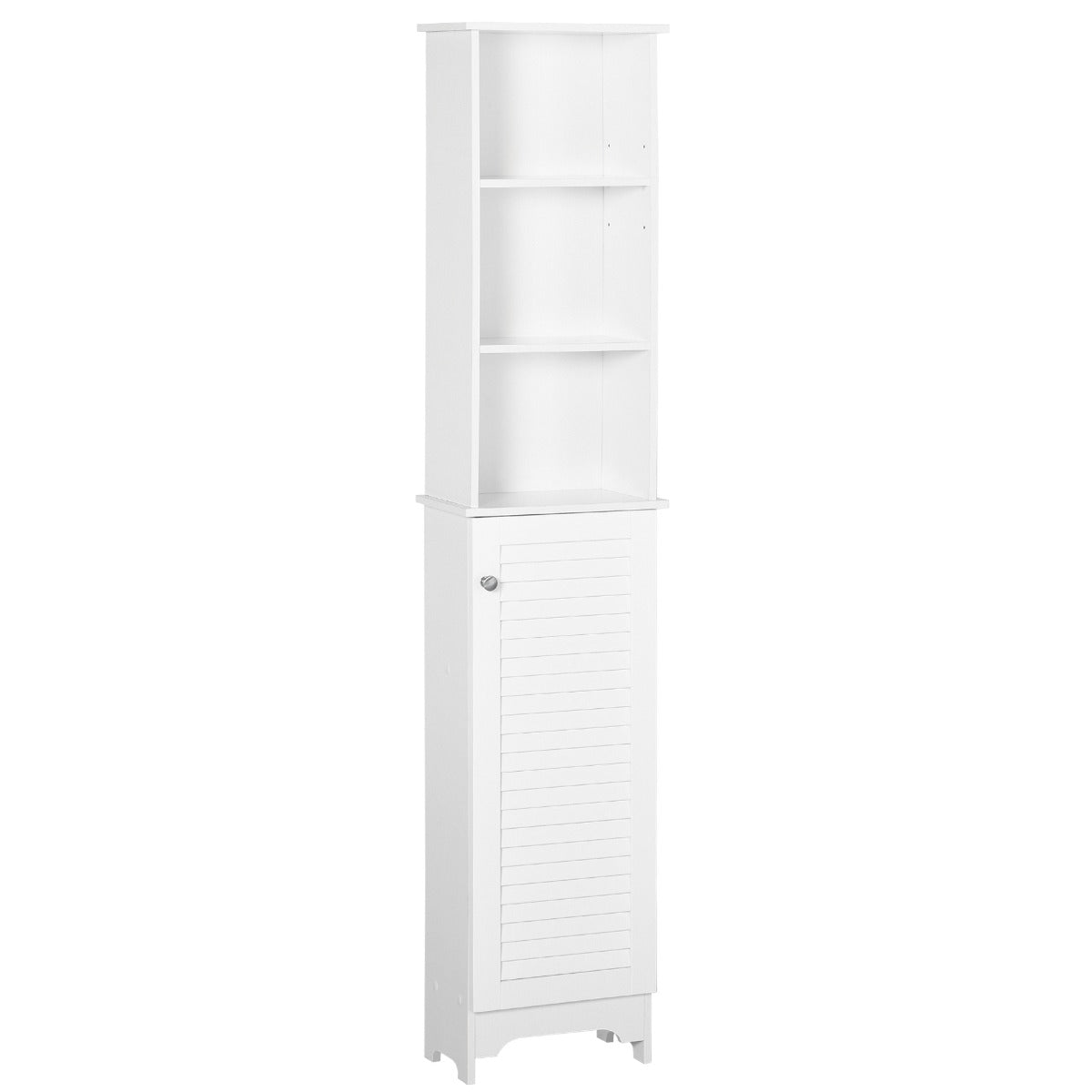 Tall Bathroom Storage Cabinet/Freestanding Linen Tower with 3-Tier Open Adjustable Shelf and Cupboard, White
