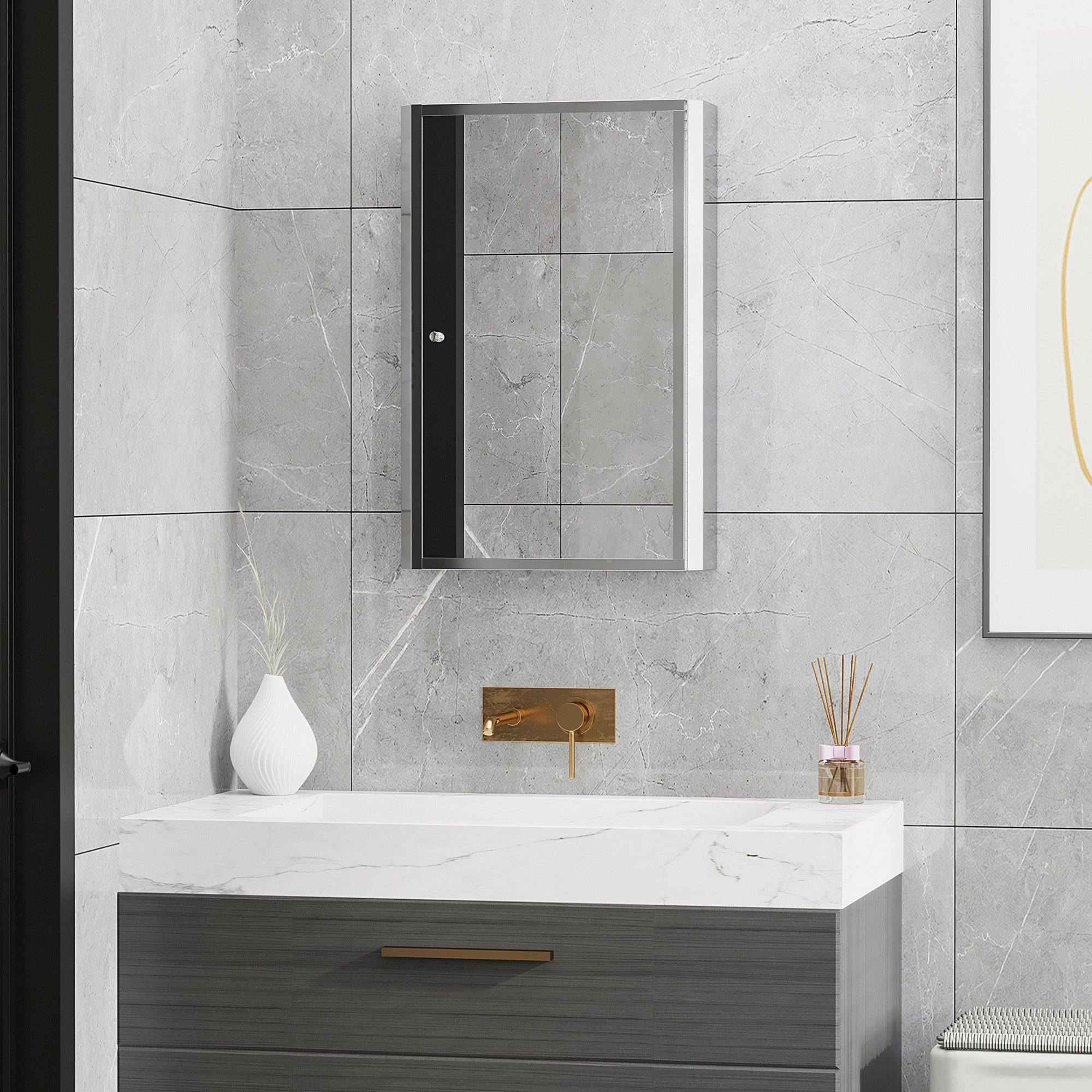 Bathroom Mirrored Cabinet, Vertical 16" x 24" Stainless Steel Frame Medicine Cabinet, Wall-Mounted Storage Organizer with Single Door