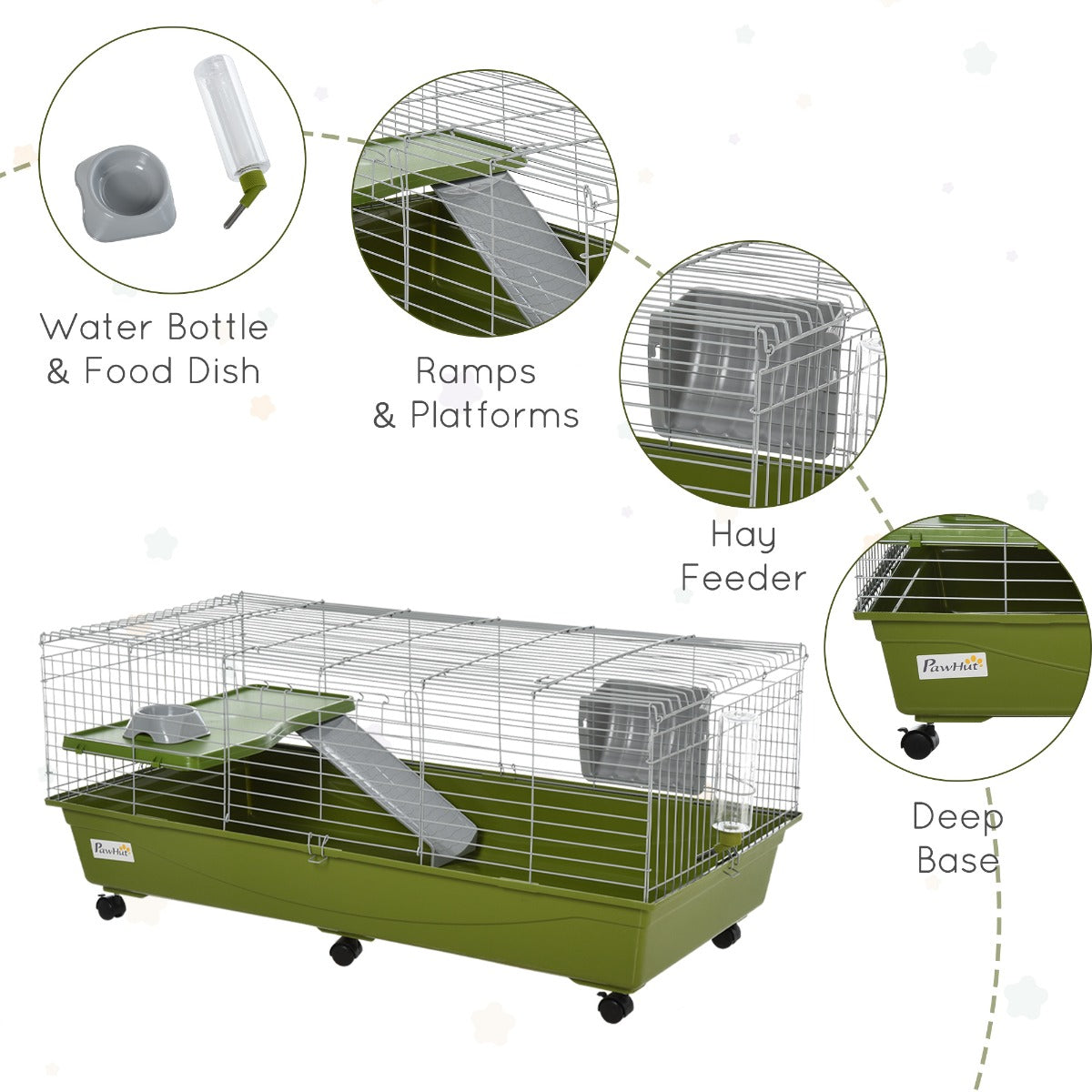 47" Small Animal Cage Chinchilla Guinea Pig Hutch Pet House with Platform Ramp, Food Dish, Wheels, & Water Bottle