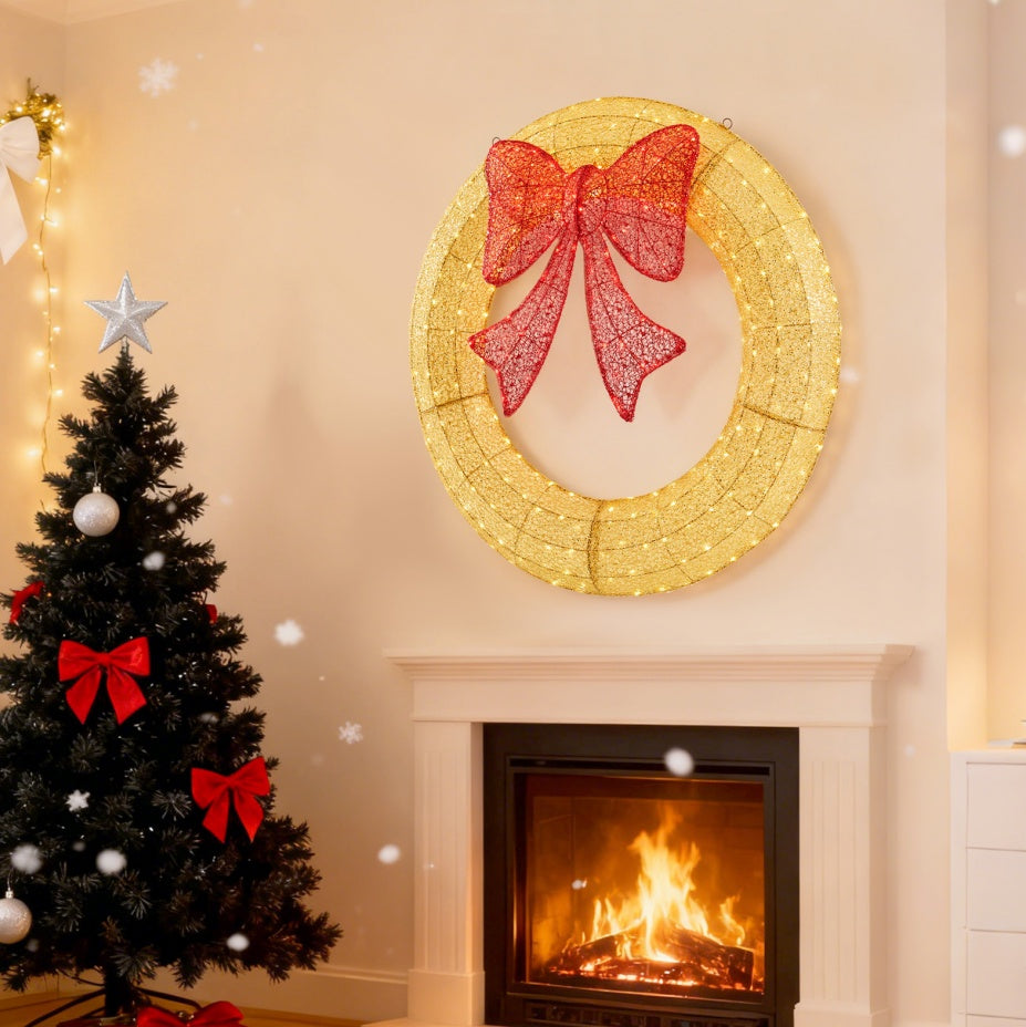 Christmas Wreath Decoration, LED Metal Holiday Decoration In Green Yellow