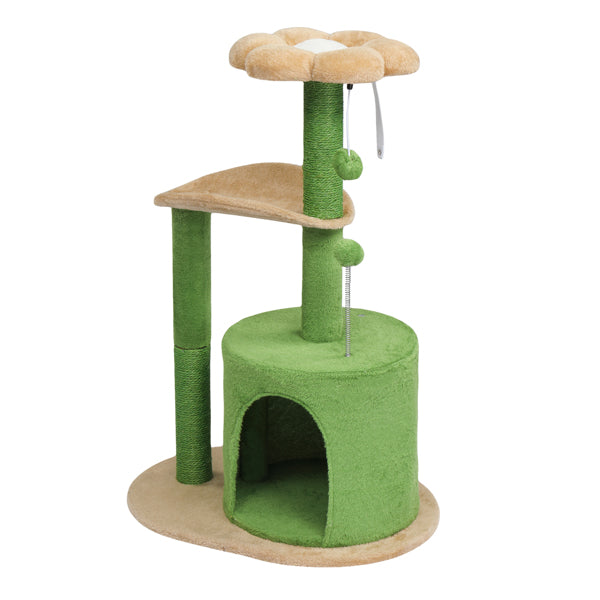 33in Cat Tree, Multi-level Cat Tower With Cat Scratching Post With Curved Perch, Cozy Cat Condo, Padded Top Bed For Kittens And Indoor Cats, Beige & Green
