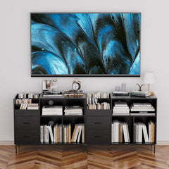 Record Player Stand With Power Outlet  Flip-Down Lid, Turntable Table With Storage For 300 Vinyls, Black Wood Grain Media Console With 2 Drawers, 27.6 With Dust Protection, Some Assembly Required,