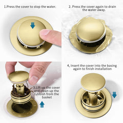 GELE Bathroom Sink Drain Vanity Sink Drain With Strainer Basket, Vessel Sink Lavatory, Anti-Clogging, Pop-Up, Stainless Steel, Brushed Gold Finish